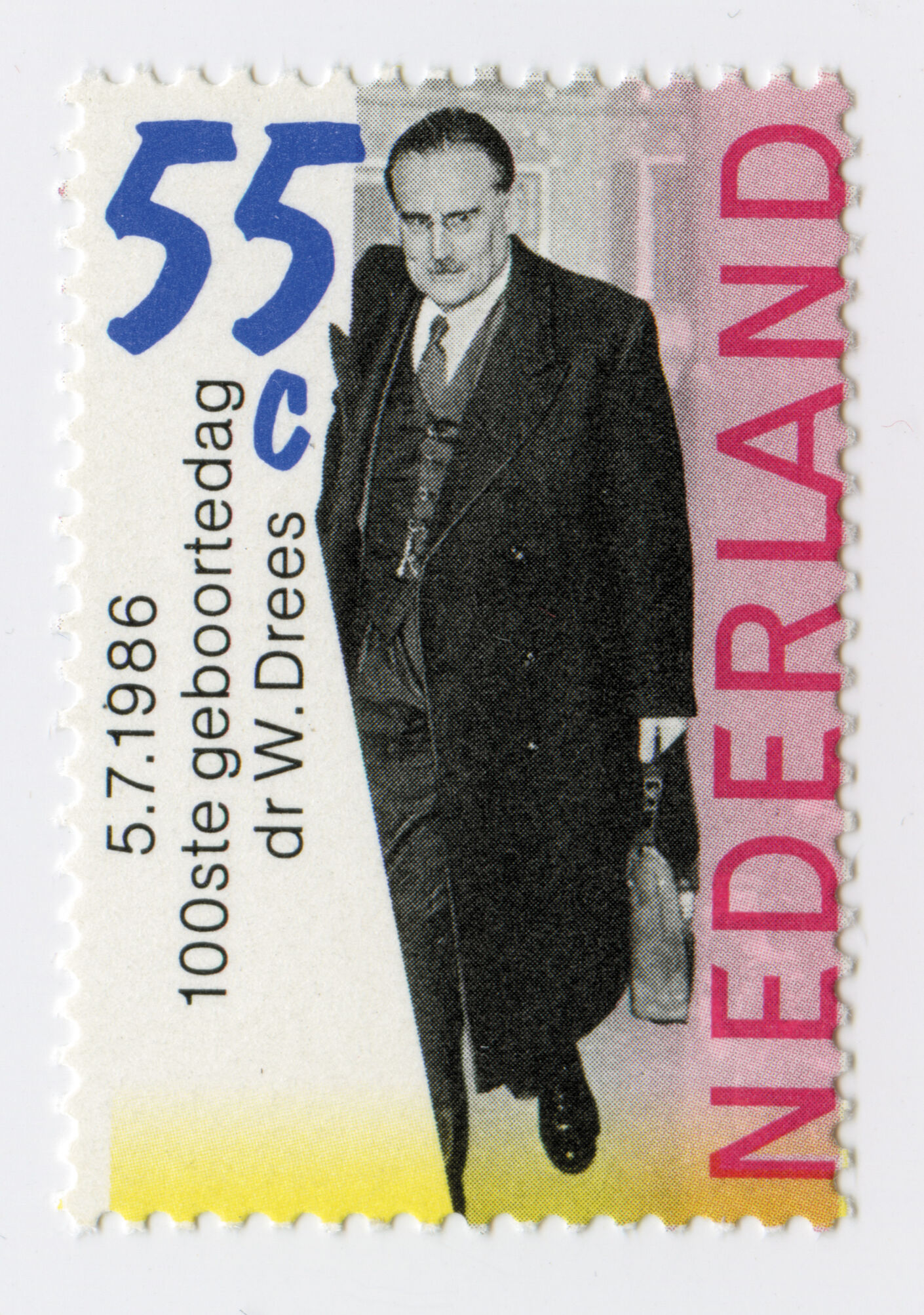 Почтовая марка, посвященная юбилею политика Виллема Дрейса. 36×25 мм. 1986. Выразительность коренится в дерзком отсечении части пешей фигуры.