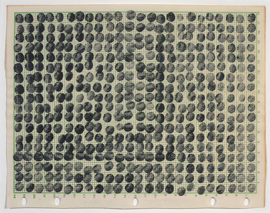 Джоэл Шапиро, Без названия, 1969 г. Тушь на пронумерованой миллиметровой бумаге, отпечатки пальцев