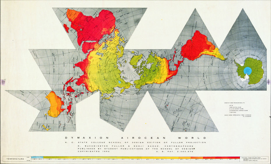 Карта мира в проекции Димаксион Бакминстера Фуллера (Dymaxion Airocean World). 1954