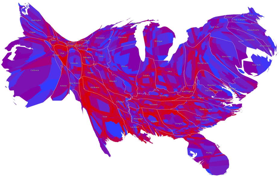Электоральная картограмма США, пропорциональная численности населения округов. 2012