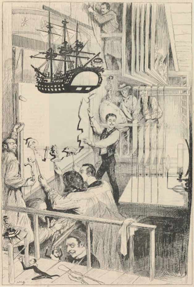За кулисами теневого представления Анри Ривьера в Кабаре «Чёрная кошка». Иллюстрация из журнала «Le Théâtre illustré Sahib» (1888)