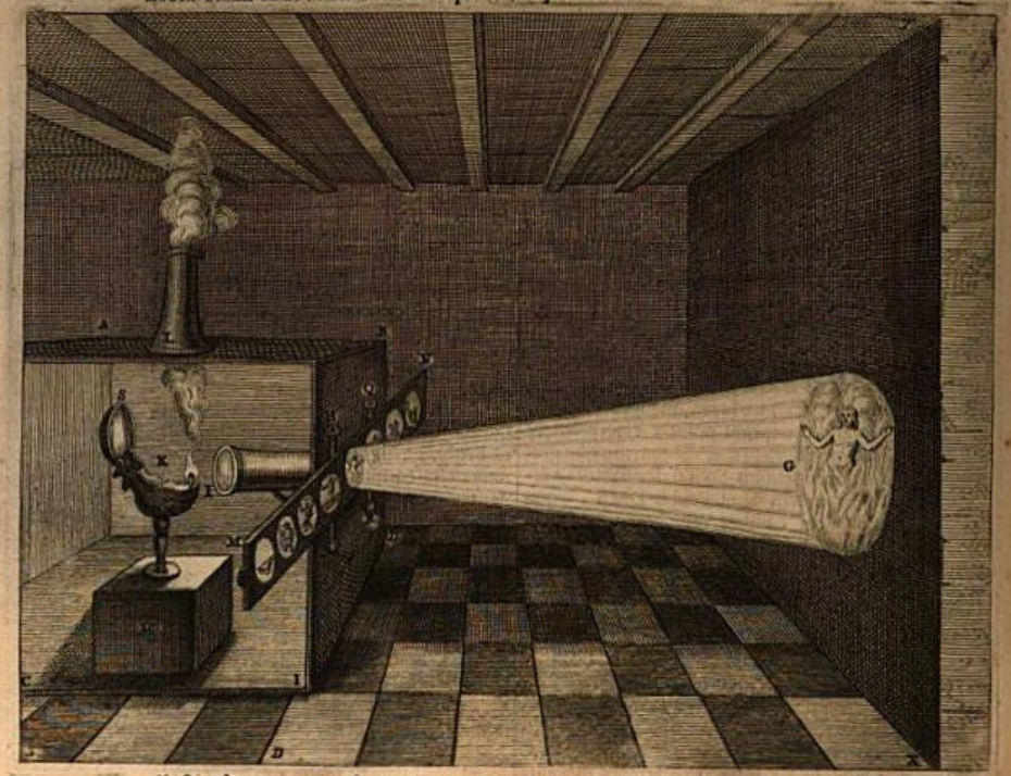Принцип работы волшебного фонаря, иллюстрация из книги Афанасия Кирхера «Ars Magna Lucis et Umbra» (1671)