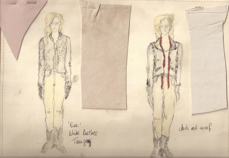 Эскиз Бины Бейгелер: одежда Евы и примеры использованных для ее создания материалов