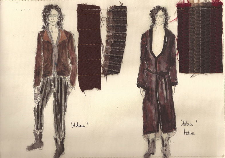 Эскиз Бины Бейгелер: одежда Адама и примеры использованных для нее тканей и фактур