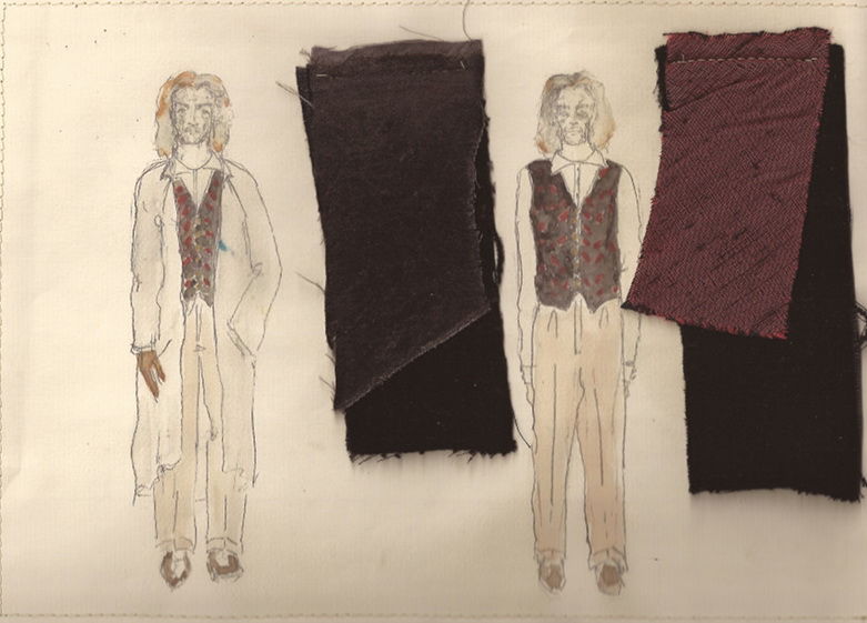 Эскиз Бины Бейгелер: одежда Кристофера Марлоу и примеры тканей, использованных для ее пошива.