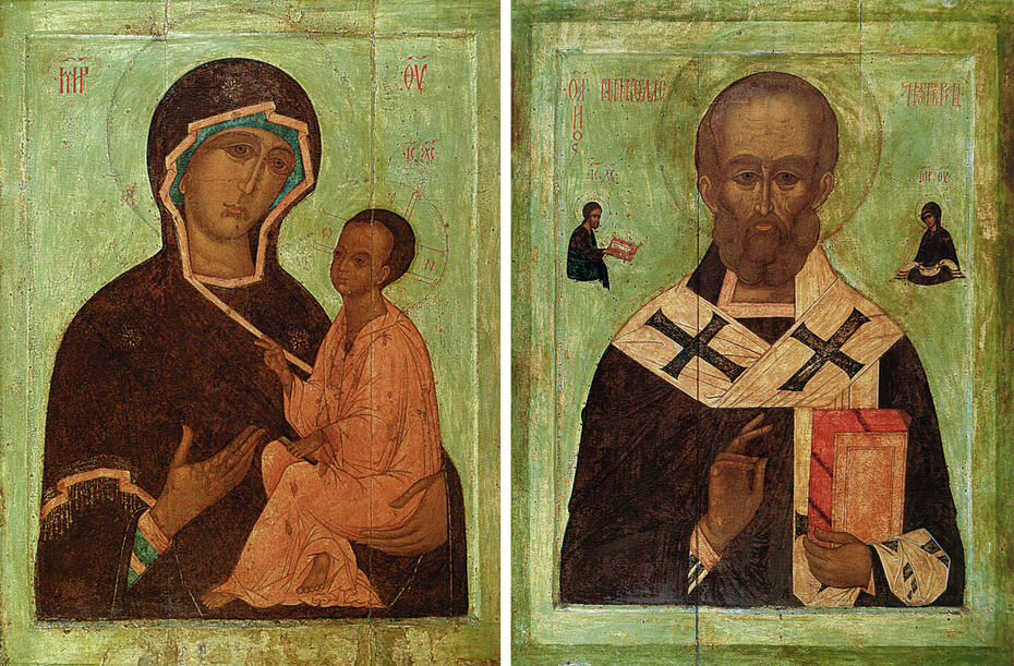 Богоматерь Тихвинская и Николай Чудотворец. Ок. 1554. Москва. Иконы. Дерево, темпера. 102 × 72. Из Успенского собора в Дмитрове. Центральный музей имени Андрея Рублева, Москва