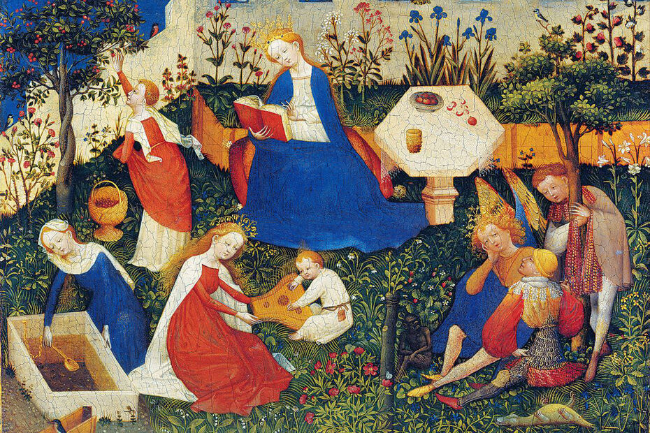 Верхнерейнский мастер. Райский сад. 1410-е. Дерево, темпера, смешанная техника. 26,3 × 33,4. Штеделевский художественный институт, Франкфурт-на-Майне